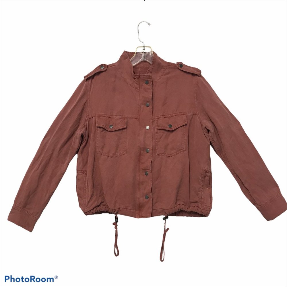 RAILS Women's S Cropped Linen Blend Jacket Top Snap & Zip Up Collins Brick